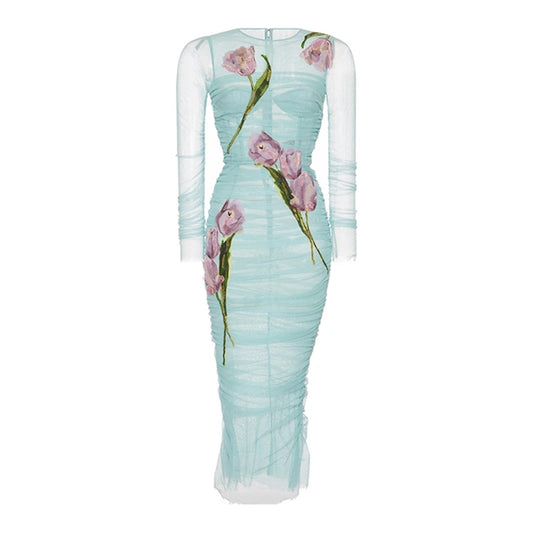 Dolce & Gabbana Vestido Ruched Tulle de Tulipanes bordados