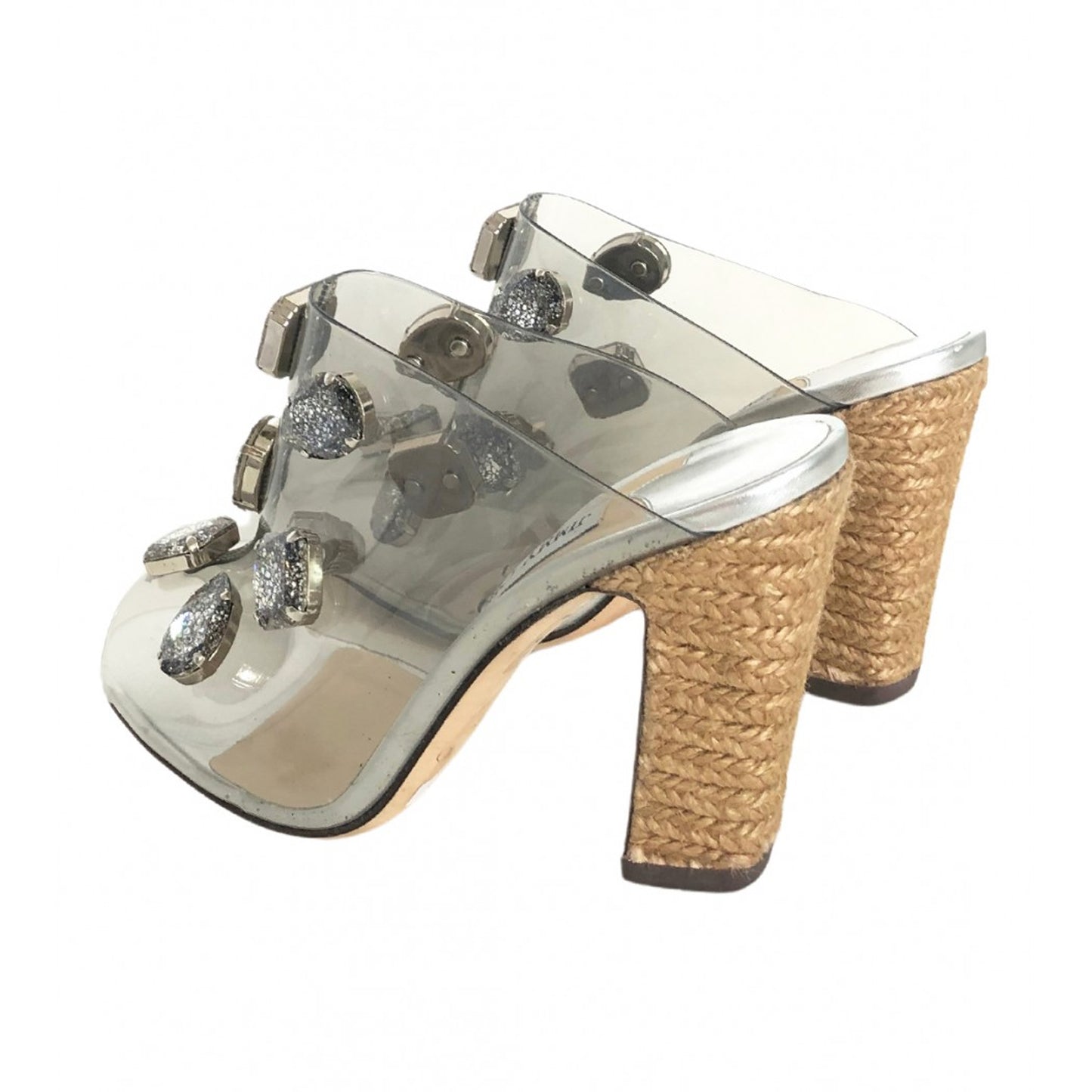 Jimmy Choo Ling Jeweled Plexi Slide Sandal with Rope Heel Talla 38